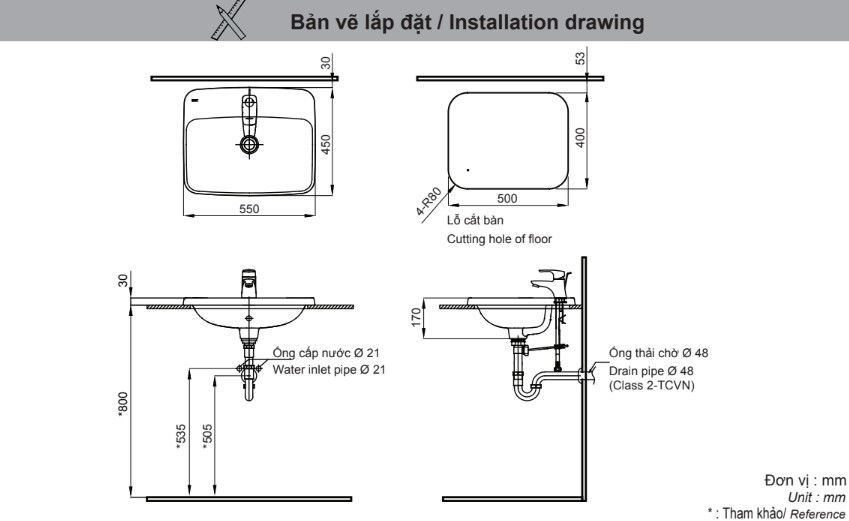 Bản vẽ kỹ thuật chậu lavabo INAX AL-2398VFC dương vành