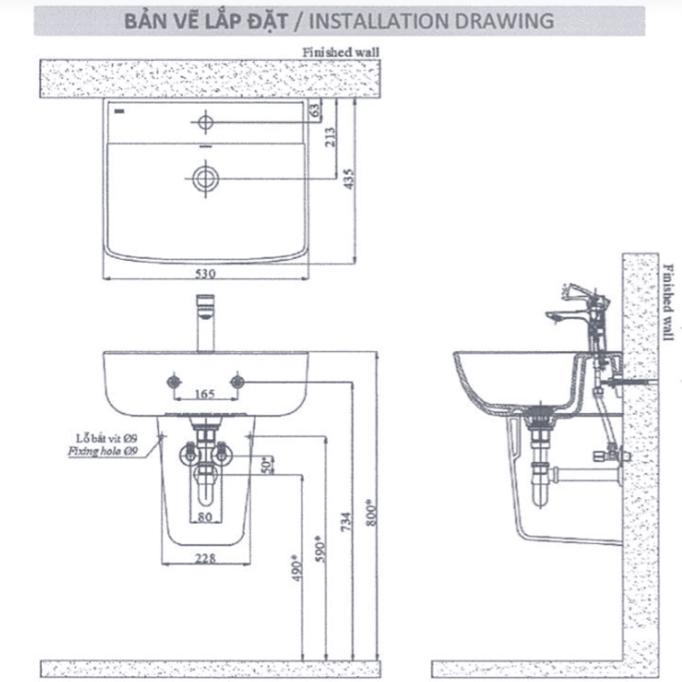 Bản vẽ kỹ thuật chậu lavabo INAX L-312V+L-298VC