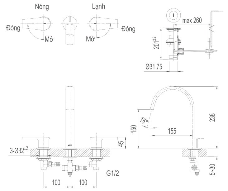 Bản vẽ kỹ thuật vòi lavabo 3 chân nóng lạnh INAX LFV-7100B