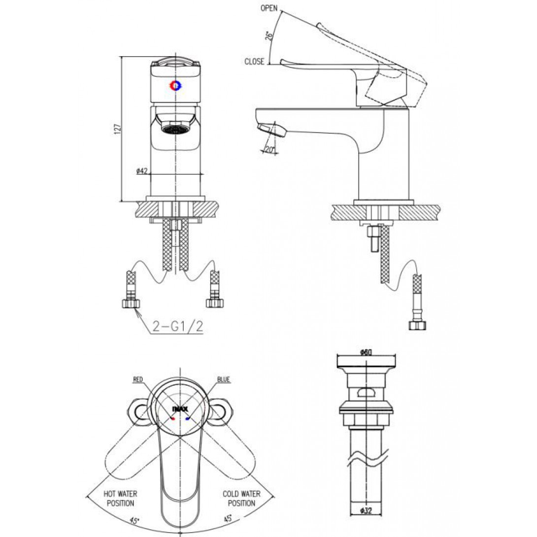 Bản vẽ kỹ thuật vòi lavabo nóng lạnh INAX LFV-2012S-R