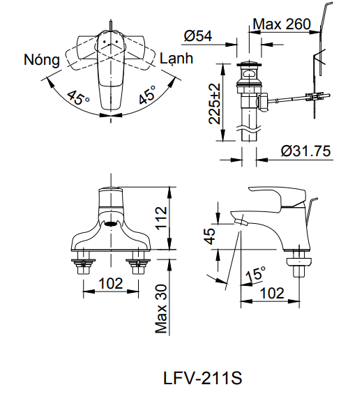 Bản vẽ kỹ thuật vòi lavabo 2 chân nóng lạnh INAX LFV-211S