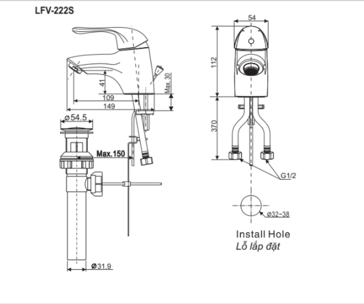 Bản vẽ kỹ thuật vòi lavabo INAX LFV-222S