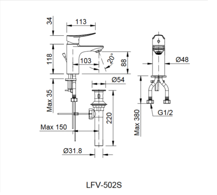 Bản vẽ kỹ thuật vòi lavabo INAX LFV-502S