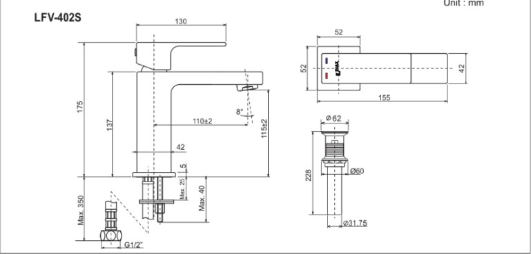 Bản vẽ kỹ thuật vòi lavabo INAX LFV-402S