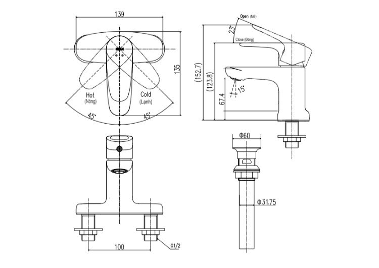 Bản vẽ kỹ thuật vòi lavabo INAX LFV-1111S