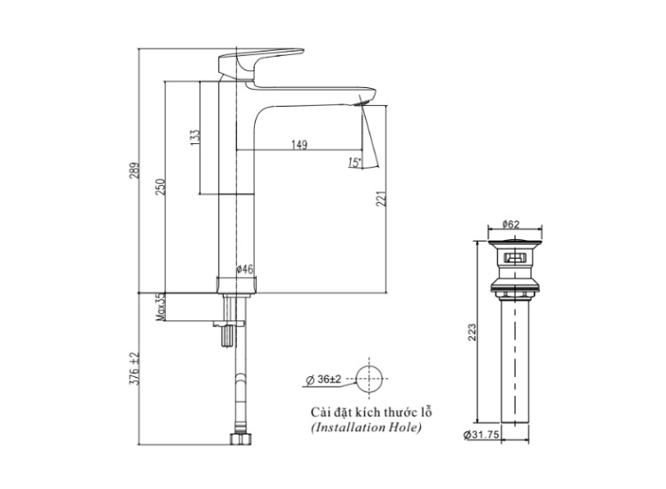 Bản vẽ kỹ thuật Vòi chậu rửa mặt lavabo 1 chân Inax LFV-1402SH cao