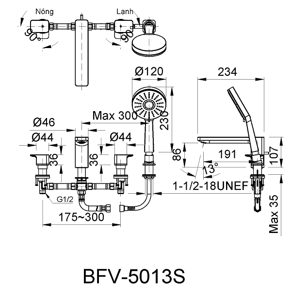 Bản vẽ kỹ thuật Vòi sen tắm gắn bồn Inax BFV-5013S nóng lạnh