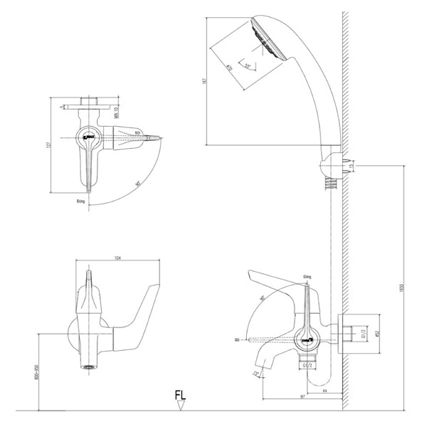 Bản vẽ kỹ thuật Vòi sen lạnh INAX BFV-17-8C