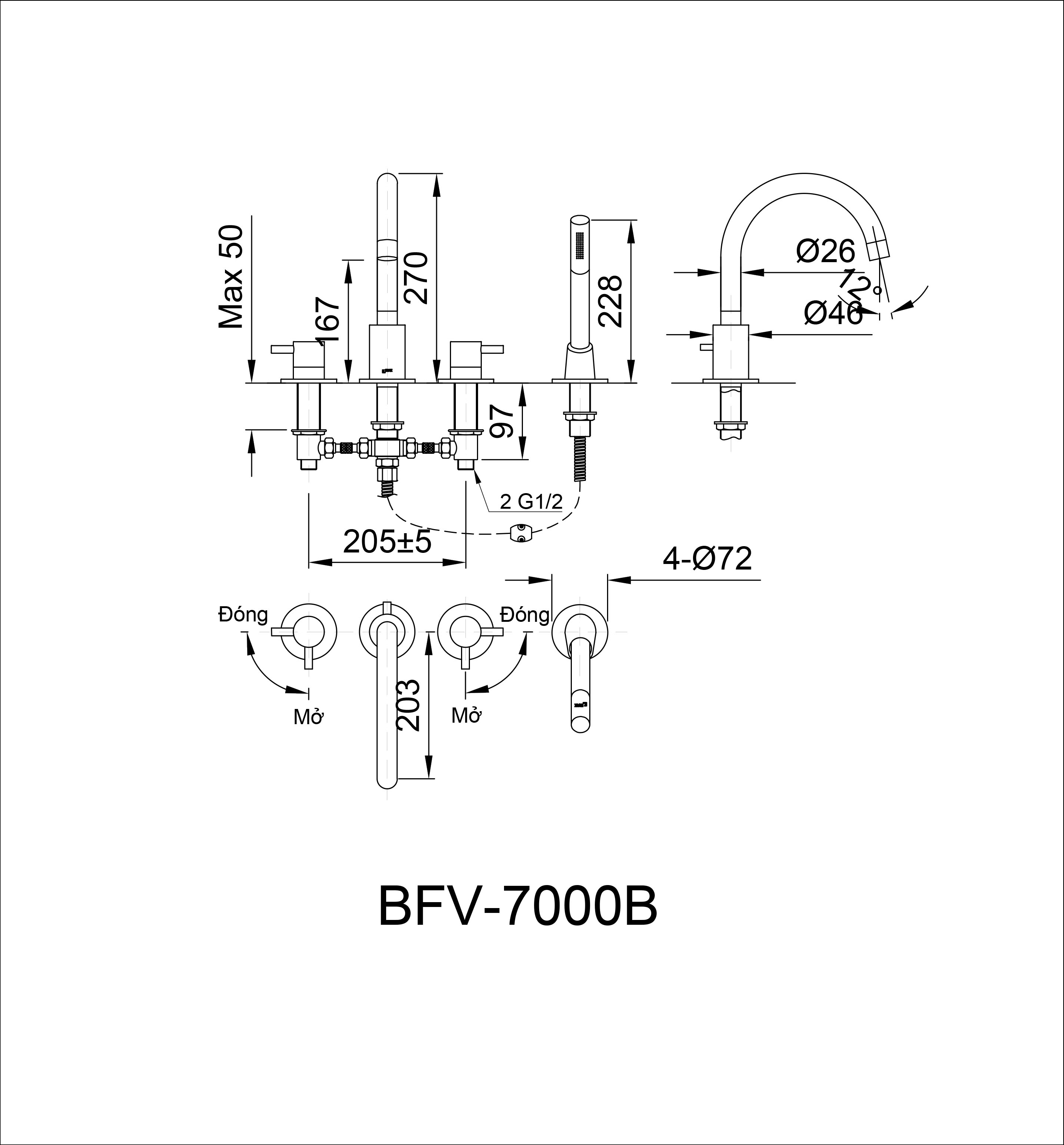 Bản vẽ kỹ thuật vòi sen xả bồn INAX BFV-7000B