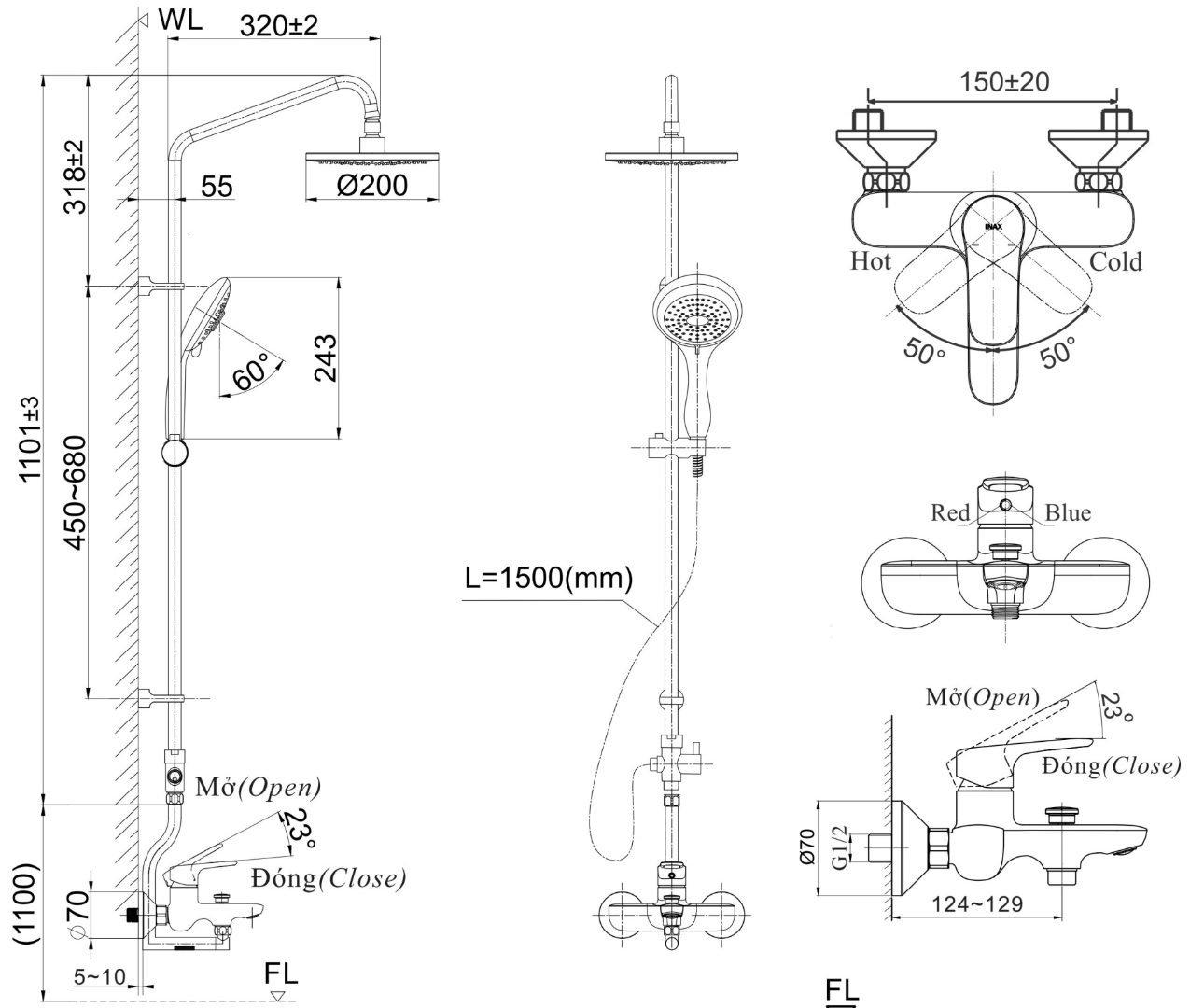 Bản vẽ kỹ thuật vòi sen cây INAX BFV-1405S-2