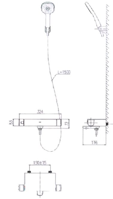 Bản vẽ kỹ thuật Vòi sen tắm Inax BFV-636T nhiệt độ kèm tay sen tăng áp