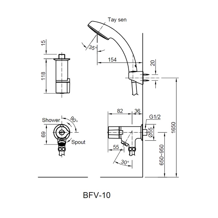 Bản vẽ kỹ thuật vòi sen lạnh INAX BFV-10-1C