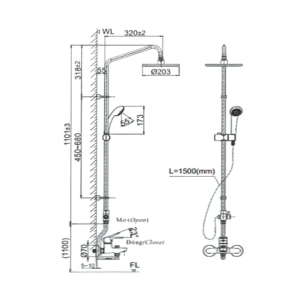 Bản vẽ kỹ thuật vòi sen tắm cây INAX BFV-1115S-2
