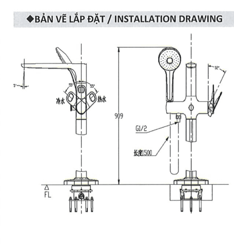 Bản vẽ kỹ thuật Sen bồn tắm Inax BFV-656S