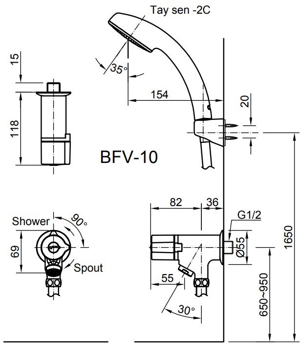 Bản vẽ kỹ thuật vòi sen lạnh Inax BFV-10-2C