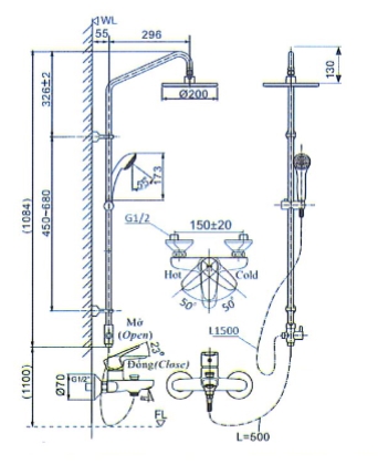Bản vẽ kỹ thuật vòi sen tắm cây Inax BFV-1115S nóng lạnh