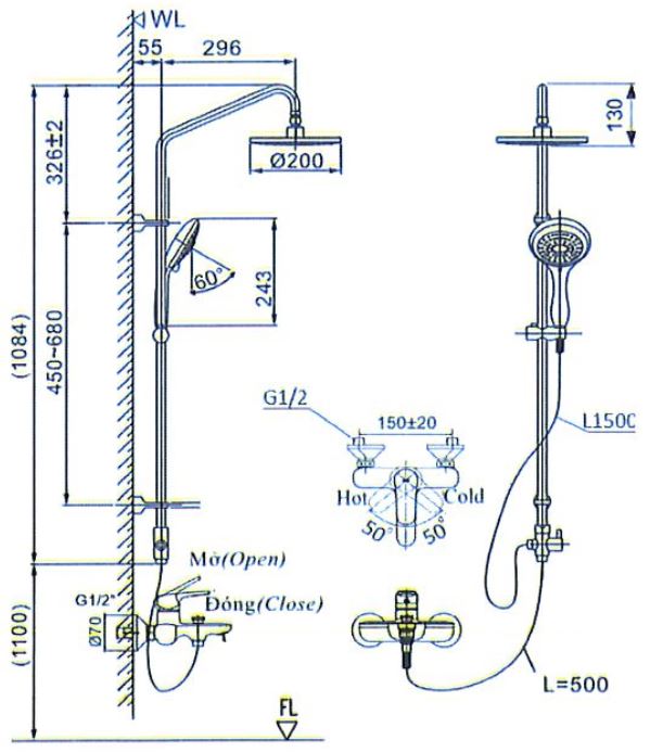 Bản vẽ kỹ thuật vòi sen tắm cây INAX BFV-1405S