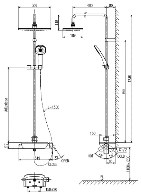 Bản vẽ kỹ thuật vòi sen tắm cây Inax BFV-615S-8C tay sen tăng áp