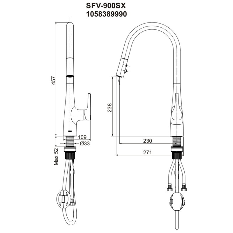 Bản vẽ kỹ thuật Vòi rửa chén bát Inax SFV-900SX dây rút