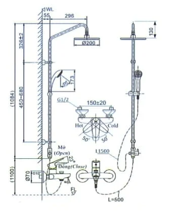 Bản vẽ kỹ thuật vòi sen tắm cây INAX BFV-1115S-7C