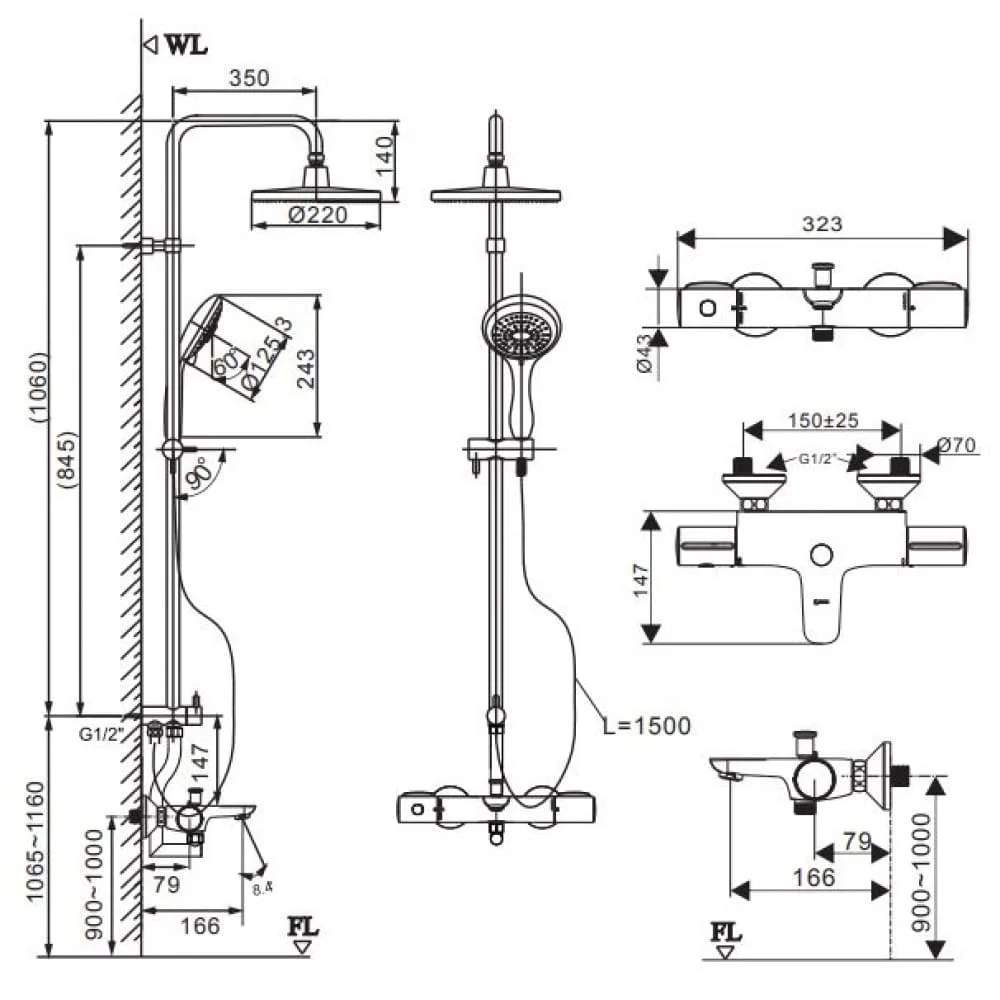 Bản vẽ kỹ thuật vòi sen tắm cây nhiệt độ Inax BFV-3415T