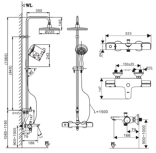Bản vẽ kỹ thuật vòi sen tắm cây Inax BFV-3415T-7C nhiệt độ tay sen tăng áp