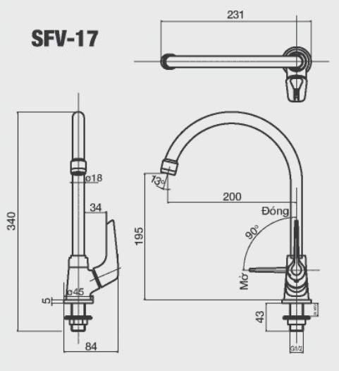 Bản vẽ kỹ thuật vòi rửa chén Inax SFV-17 nước lạnh