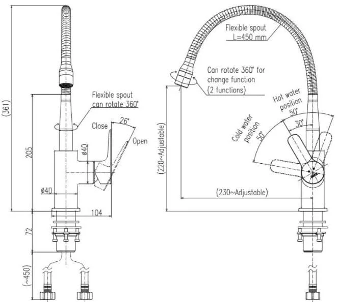 Bản vẽ kỹ thuật Vòi rửa chén bát Inax SFV-303S nóng lạnh