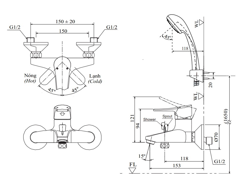 Bản vẽ kỹ thuật Vòi sen tắm Inax BFV-1003S-1C nóng lạnh tay sen massage