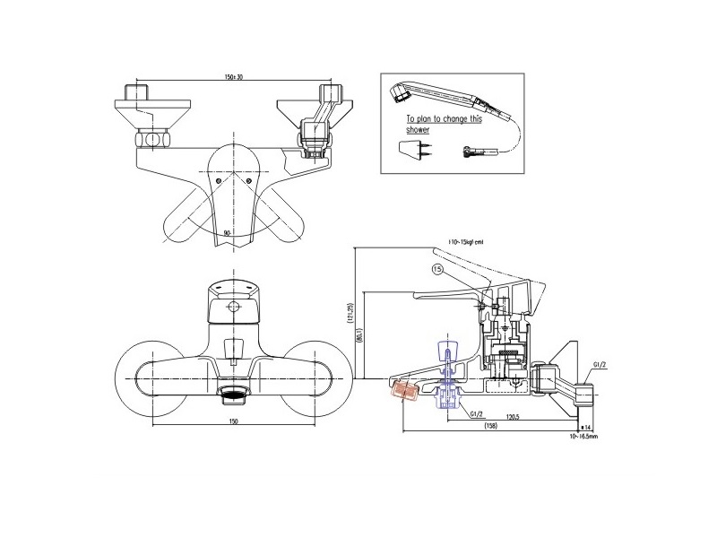 Bản vẽ kỹ thuật Vòi sen tắm nóng lạnh INAX BFV-1003S