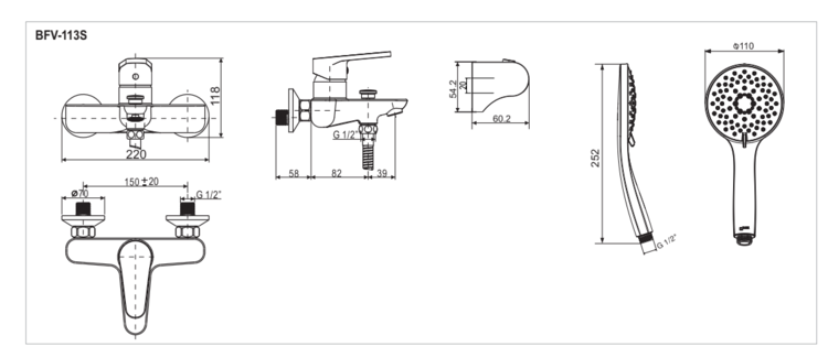 Bản vẽ kỹ thuật Vòi sen tắm nóng lạnh INAX BFV-113S