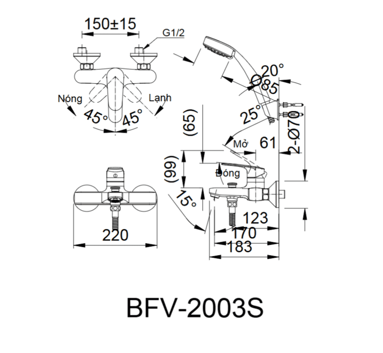 Bản vẽ kỹ thuật Vòi sen tắm Inax BFV-2003S nóng lạnh