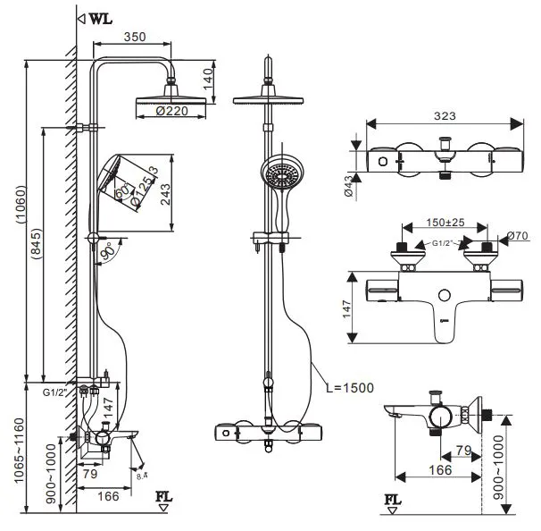 Bản vẽ kỹ thuật vòi sen tắm cây nhiệt độ Inax BFV-3415T-9C