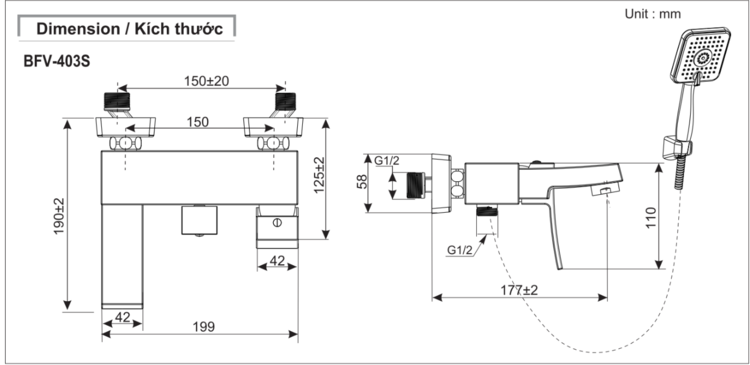 Bản vẽ kỹ thuật Vòi hoa sen Inax BFV-403S nóng lạnh