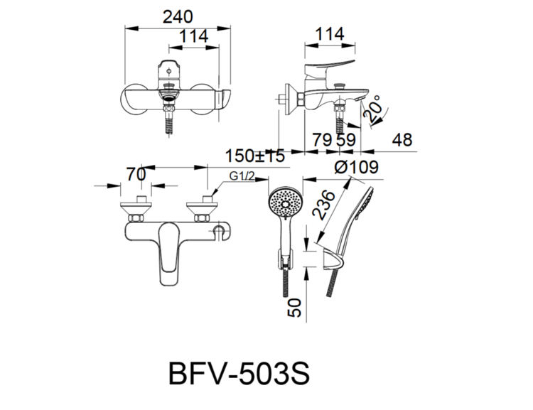 Bản vẽ kỹ thuật vòi hoa sen Inax BFV-503S nóng lạnh