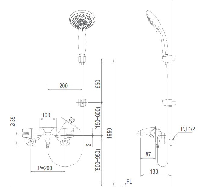 Bản vẽ kỹ thuật vòi sen tắm Inax BFV-5103T-5C nóng lạnh