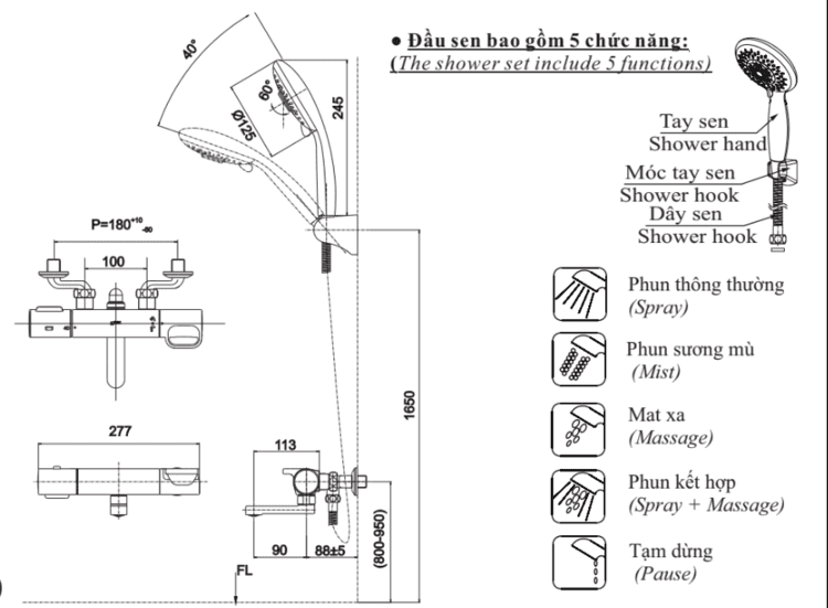 Bản vẽ kỹ thuật vòi sen tắm nhiệt độ INAX BFV-7145T-3C
