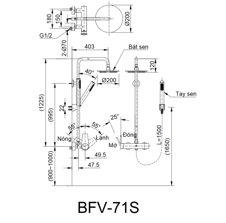 Bản vẽ kỹ thuật vòi sen tắm cây Inax BFV-71S nóng lạnh