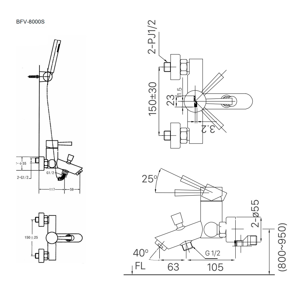 Bản vẽ kỹ thuật vòi sen tắm Inax BFV-8000S-1C nóng lạnh