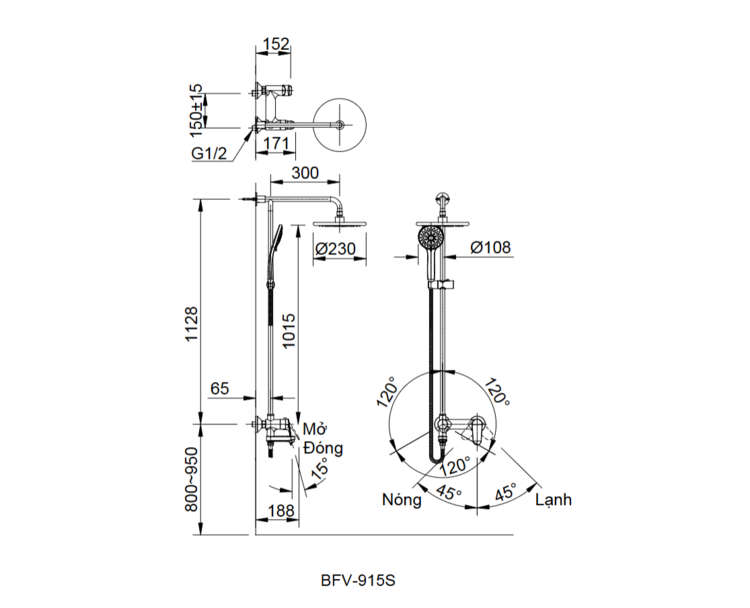 Bản vẽ kỹ thuật vòi sen tắm cây Inax BFV-915S nóng lạnh