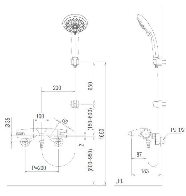 Bản vẽ kỹ thuật vòi sen tắm nhiệt độ Inax BFV-5103T-3C