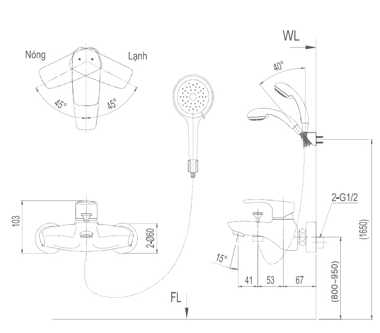 Bản vẽ kỹ thuật Vòi sen tắm nóng lạnh Inax BFV-213S-1C tay sen massage