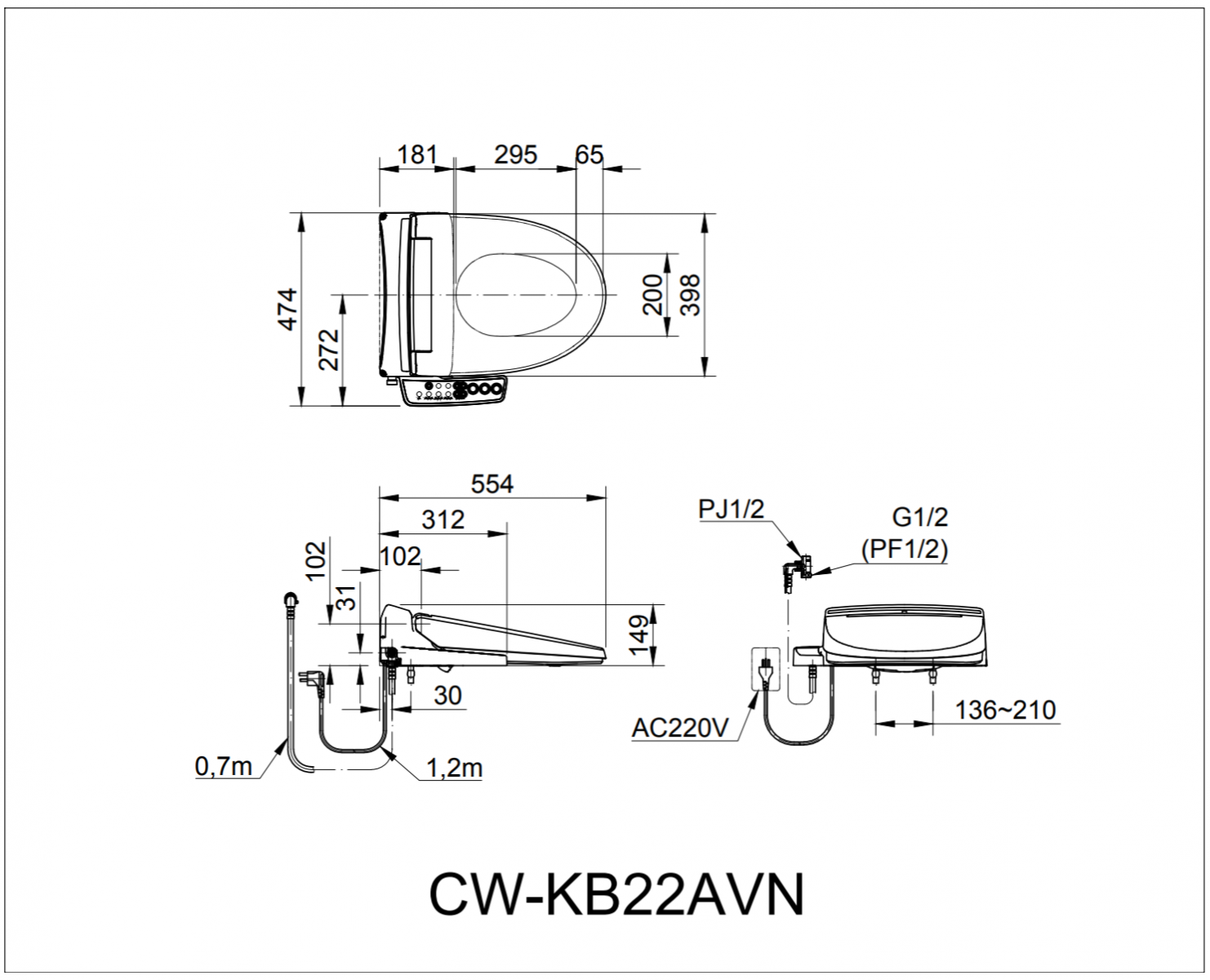 Bản vẽ kỹ thuật nắp rửa điện tử INAX CW-KA22AVN