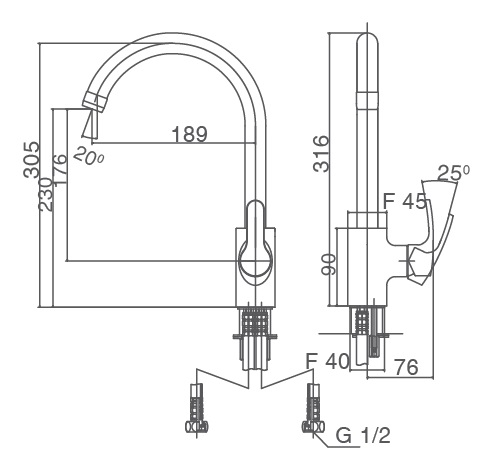 Bản vẽ kỹ thuật vòi rửa chén bát INAX SFV-802S nóng lạnh