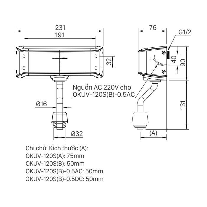 Bản vẽ kỹ thuật Van tiểu cảm ứng Inax OKUV-120S(B)-0.5DC