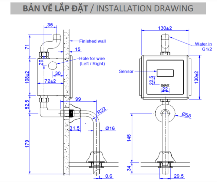 Bản vẽ kỹ thuật Van tiểu cảm ứng Inax OKUV-30SM