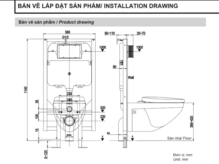 Bản vẽ lắp đặt hệ két nước âm tường INAX DTF-23P cho AC-23PVN