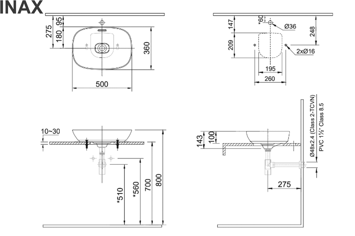 Bản vẽ kỹ thuật chậu rửa lavabo Inax AL-622V/BW1