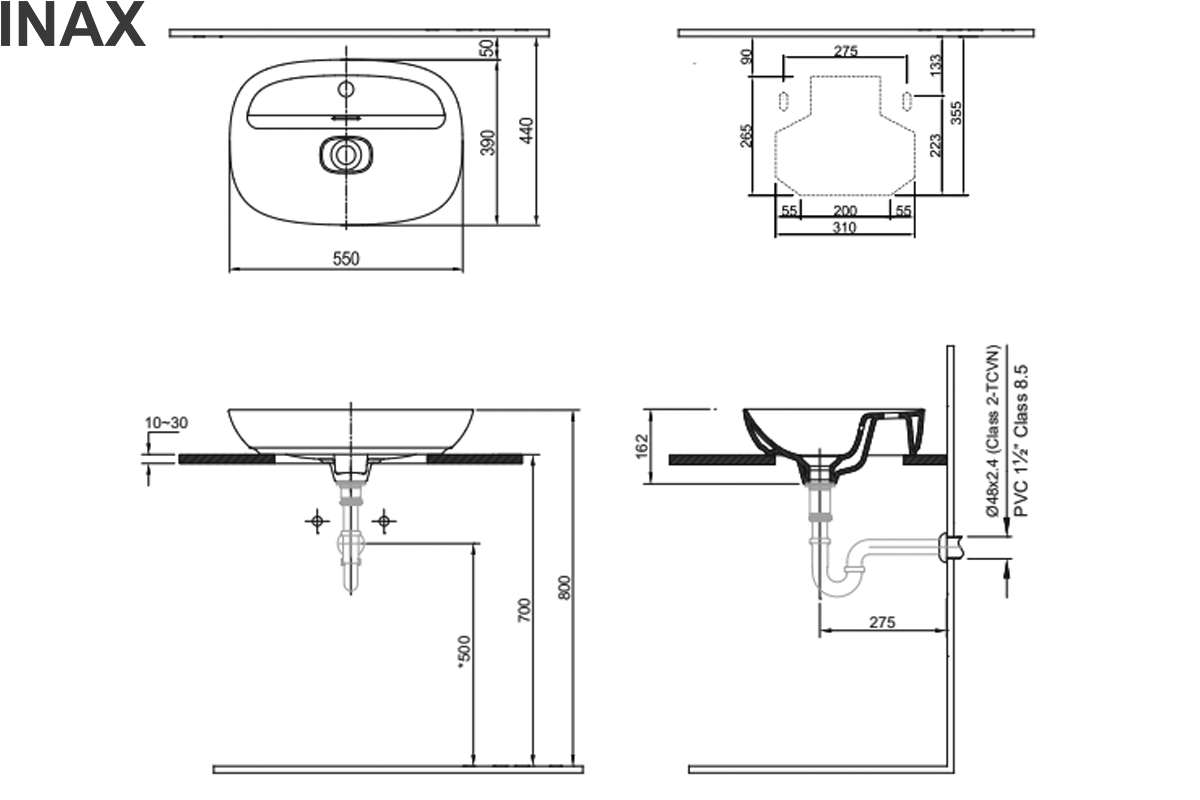 Bản vẽ kỹ thuật chậu rửa lavabo Inax AL-662VFC/BW1