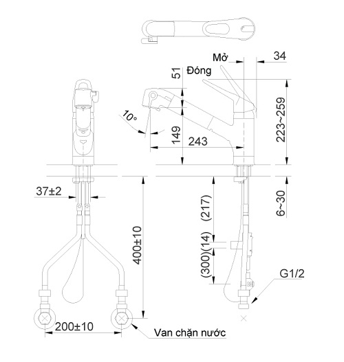 Bản vẽ kỹ thuật vòi rửa rút dây nóng lạnh Inax JF-AB466SYX(JW)